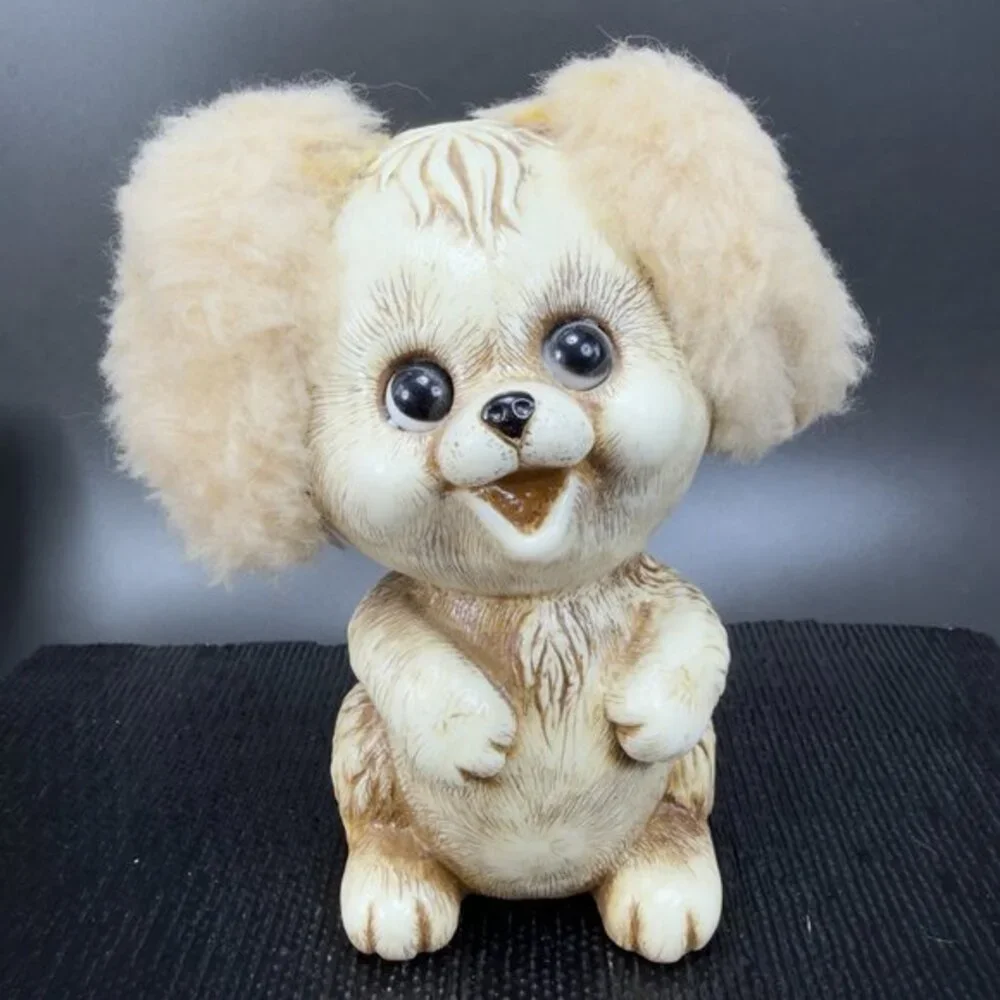 1970 Kitschy Bank Plastic Dog Animal Fuzzy Ears Creative Vintage Decor Whimsical